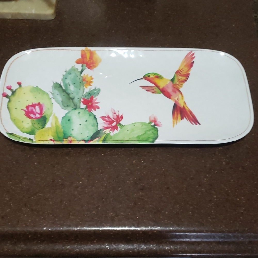 PC Melamine Serving Tray 15" X 7" Hummingbird & Cactus Decor White Rectangle.